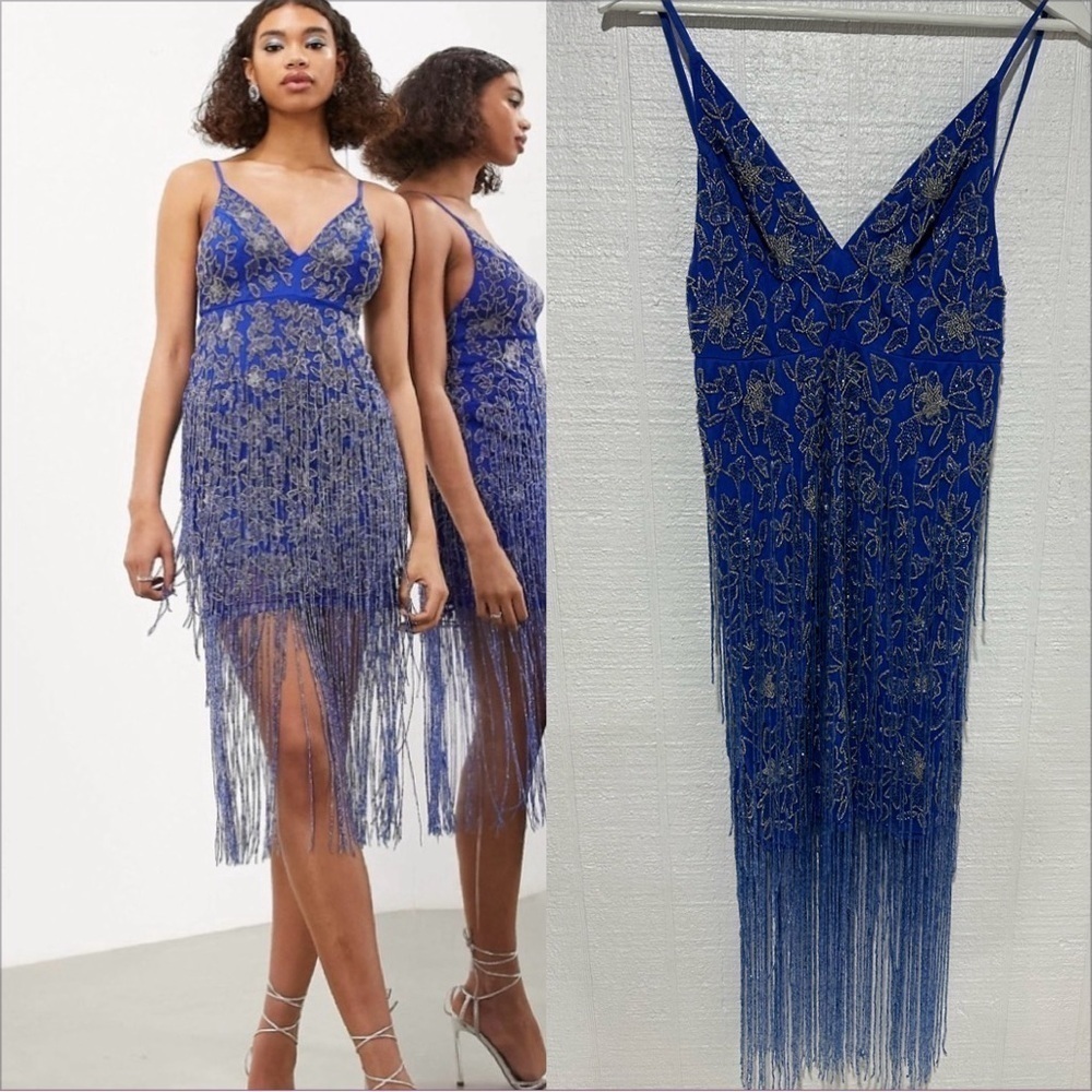 Nwt Asos Edition Formal Floral Mini Dress With Beaded Fringe In Blue Size 4